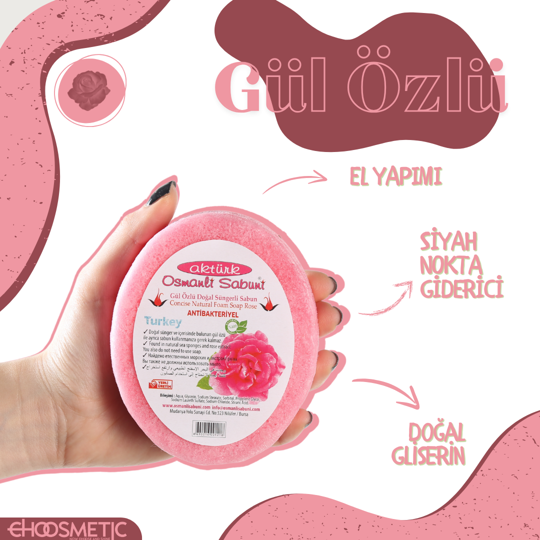 Aktürk Osmanli Sabuni - El Yapımı Doğal Gliserinli Gül Özlü Süngerli Sabun